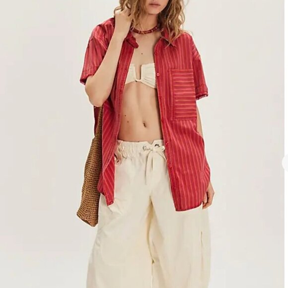 #285 NWT Free People Christopher Linen Shirt in Red Combo - Picture 3 of 5